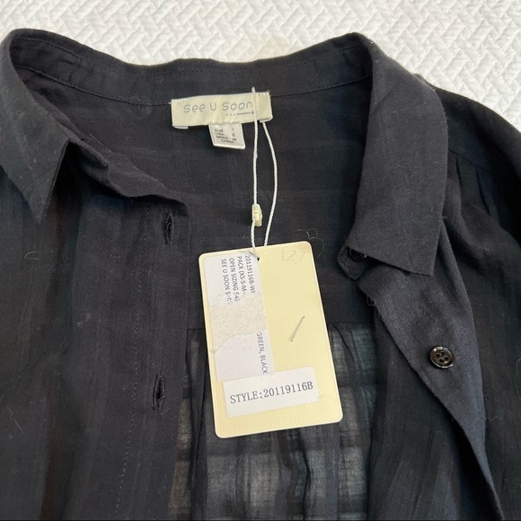 𝅺NWT Anthropologie See U Soon Button Up Windowpane Semi-Sheer Black Blous… - Picture 11 of 11